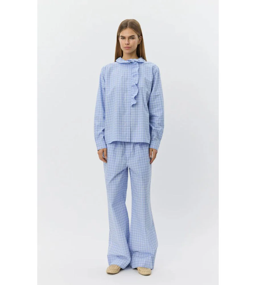 Bellesw Check Frill Placket Shirt - Blue