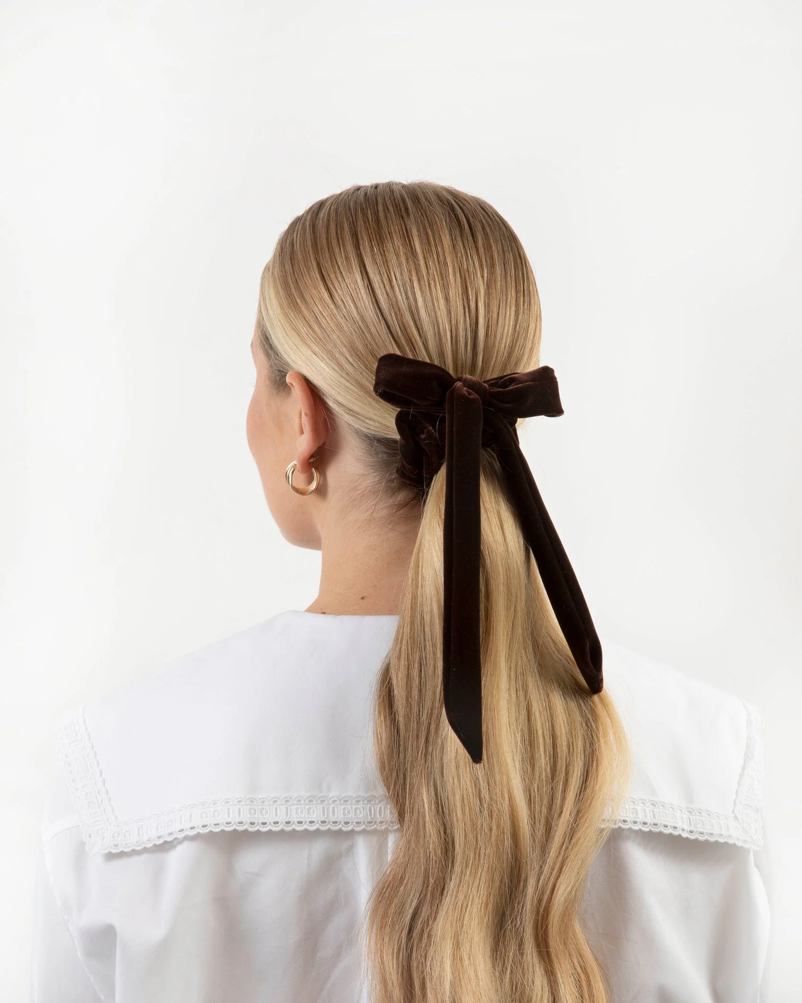 Chocolate Brown Velvet Scrunchie With Bow - Image 2