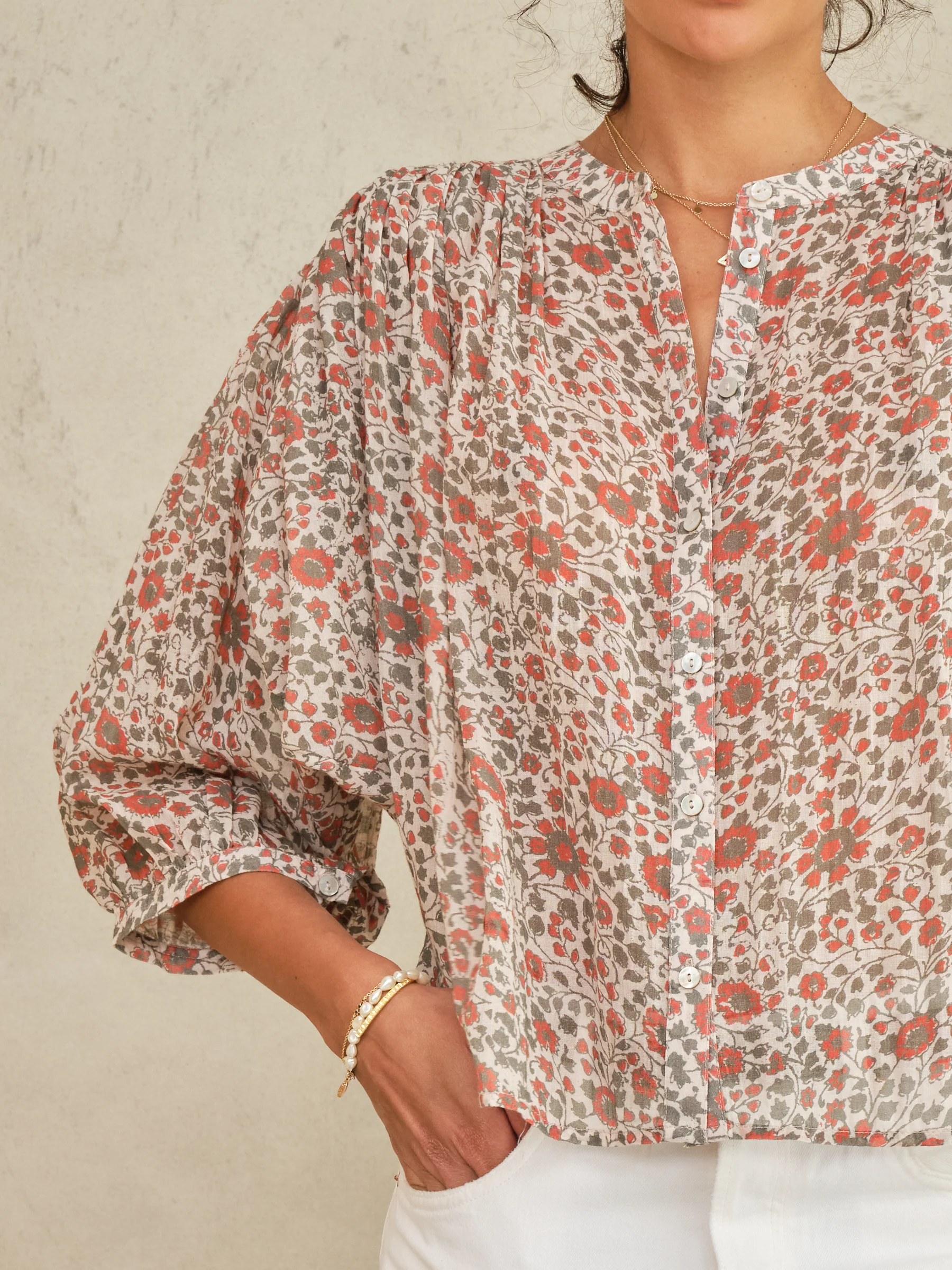 Della Print Long Sleeve Top - Rust/Khaki - Image 3