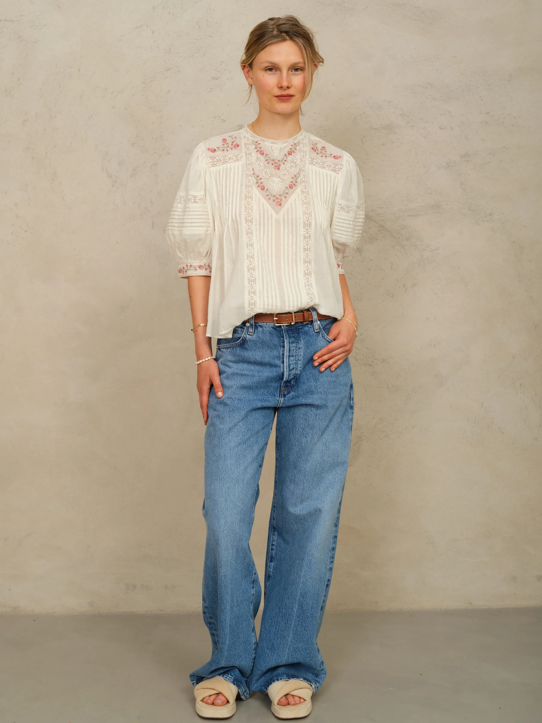 PRE-ORDER Fleur Emb Short Sleeve Top - Ecru/Multi - Image 2
