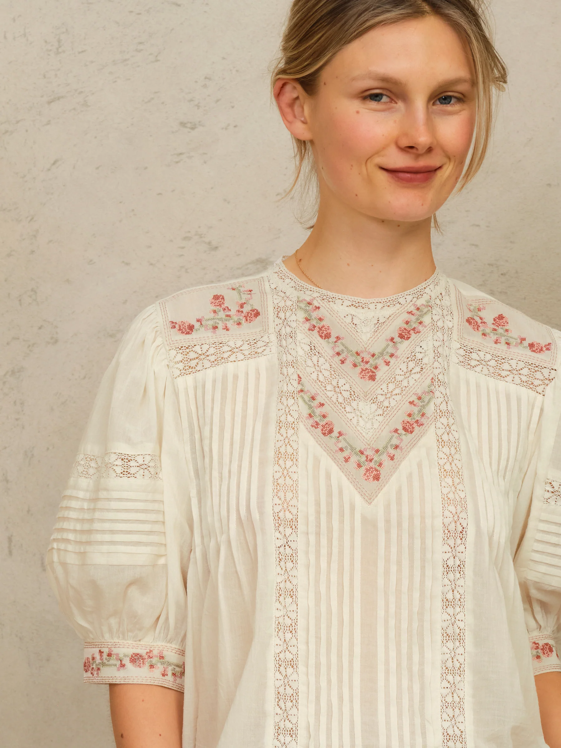 PRE-ORDER Fleur Emb Short Sleeve Top - Ecru/Multi - Image 3