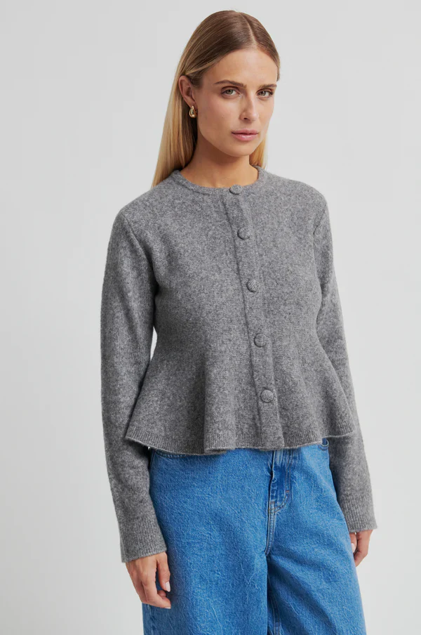 Hiva Peplum Knit Cardigan - Mid Grey Melange - Image 2