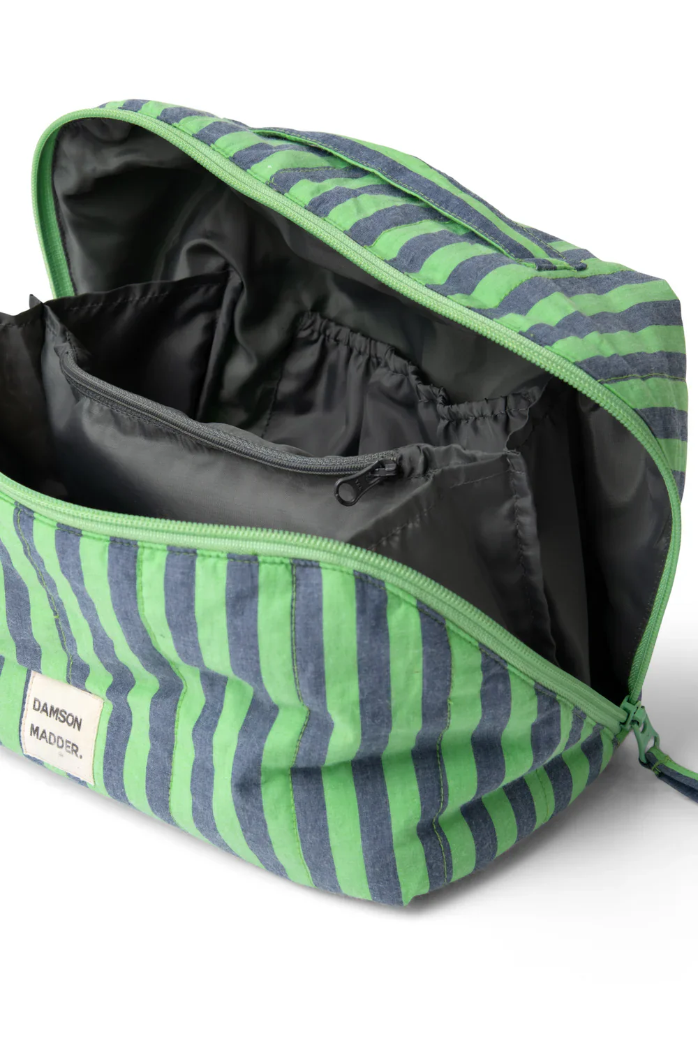 Quilted Make Up Bag - Navy Pop Green Stripe - Image 2