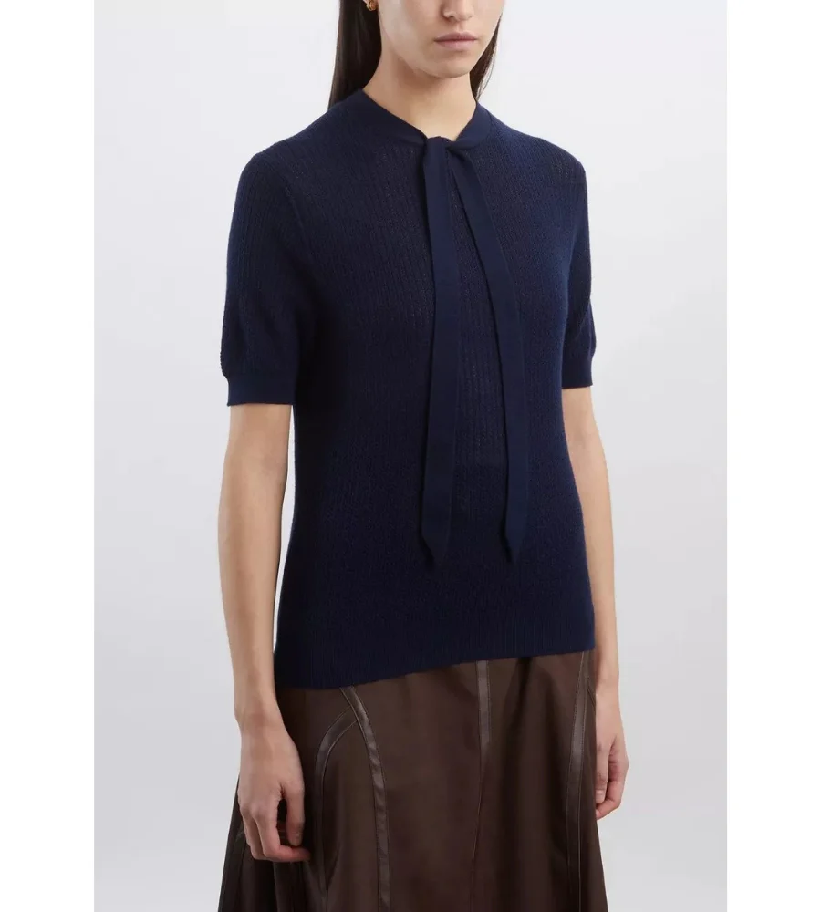 Ribbed Pointelle Tee - Navy