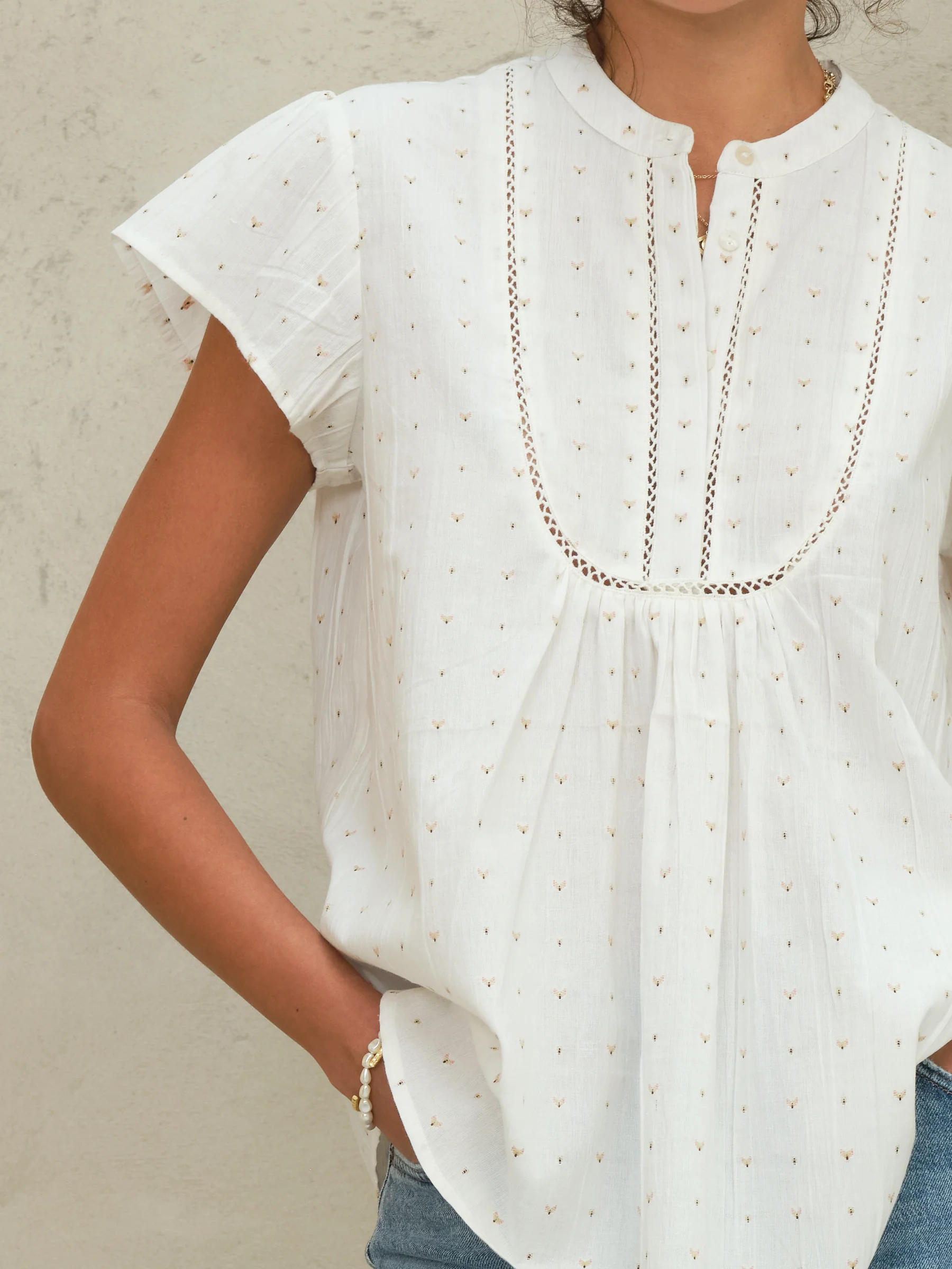 PRE-ORDER Rita Woven Short Sleeve Top - Ecru/Multi - Image 2