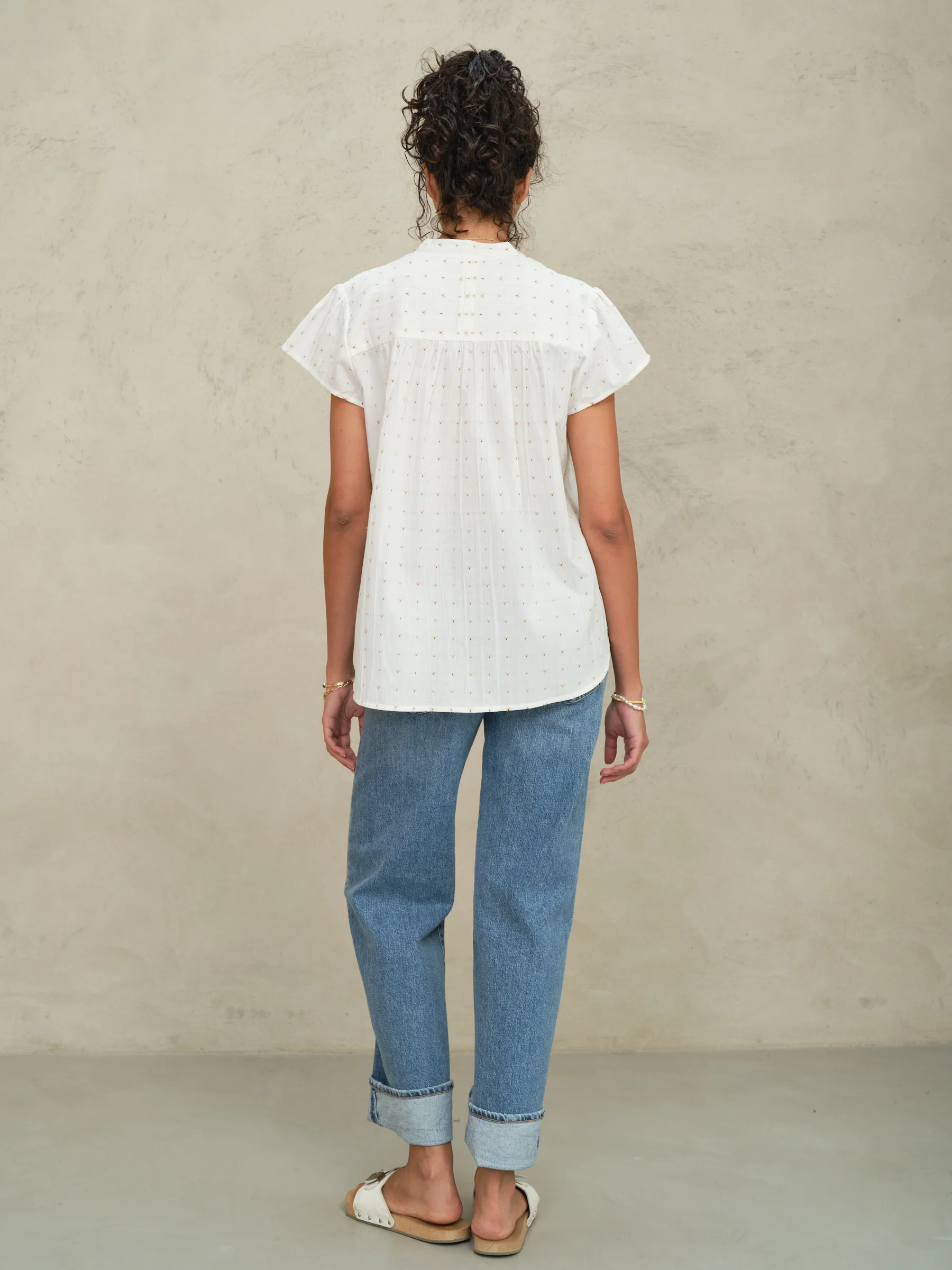 PRE-ORDER Rita Woven Short Sleeve Top - Ecru/Multi - Image 3